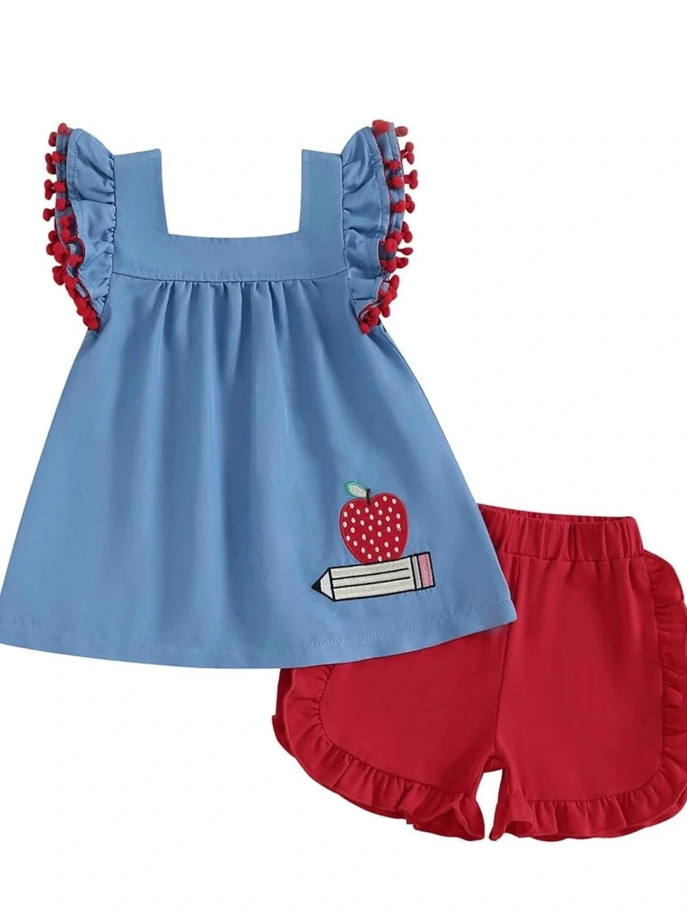 Blue Ruffle Sleeve Top & Red Ruffle Shorts Set - Apple Pencil Applique